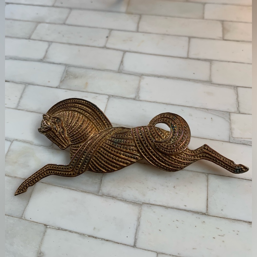 Vintage Gold Tone Leaping Etruscan Roman Style Horse Brooch
